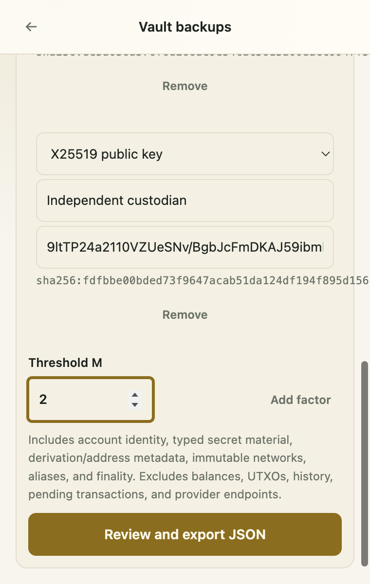 Gandalf extension Backup screen configured with an advanced two-of-three policy using one password and two X25519 factors
