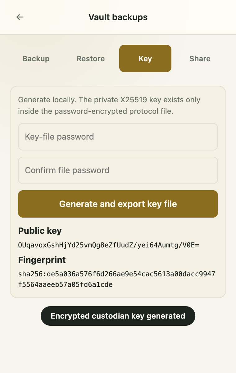 Gandalf extension Key screen after generating an encrypted X25519 custodian key, showing the public key and fingerprint