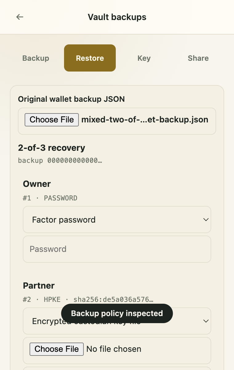 Gandalf extension Restore screen showing an imported two-of-three backup manifest and its three public factor descriptors