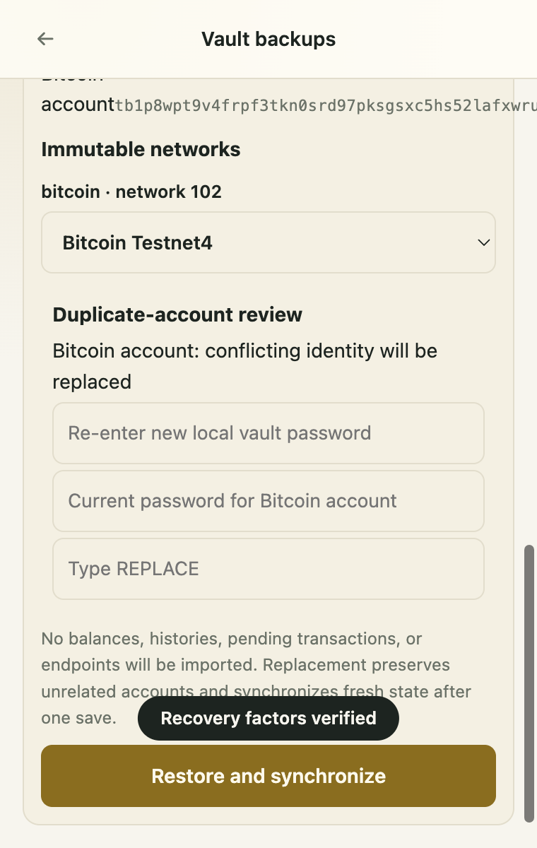 Gandalf extension Restore preview showing recovered fictional accounts and immutable network mappings before atomic restore