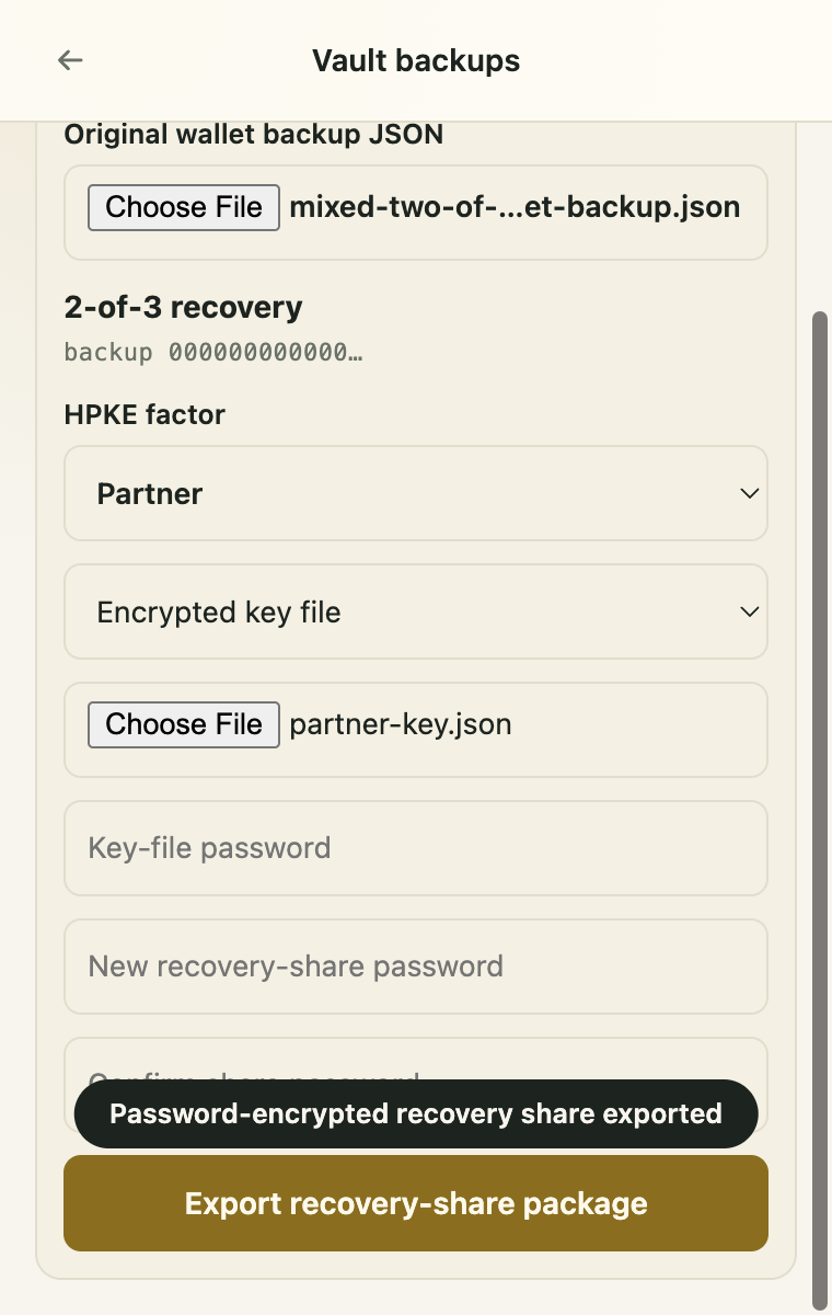Gandalf extension Share screen after exporting a password-encrypted recovery-share package for one HPKE factor